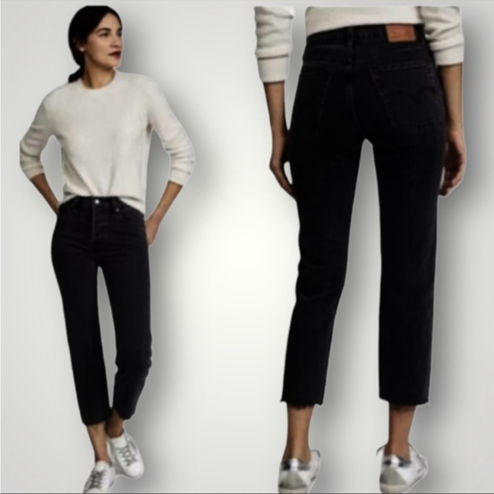 Levis Wedgie Straight Black Button Fly Frayed Hem Crop Denim Jeans